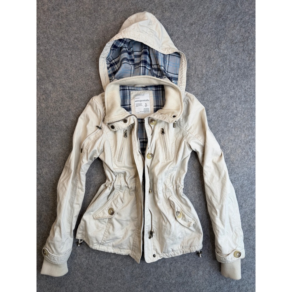 Y2K Aeropostale Utility Field Jacket Women S Cream Plaid Lined Hooded Bella Swan